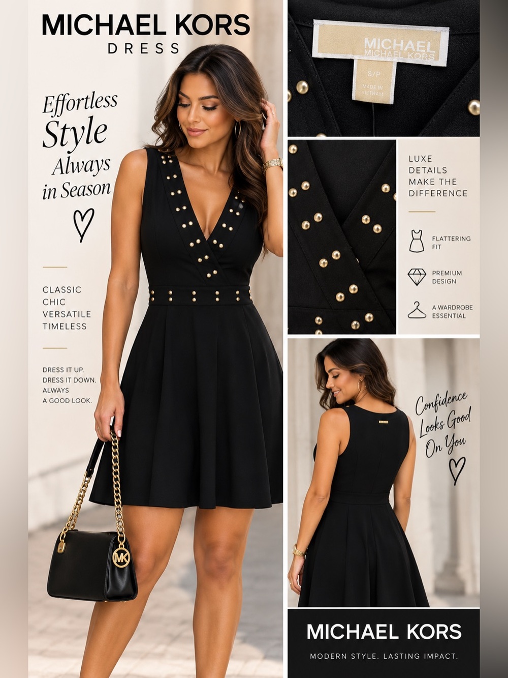 Michael Kors Black Sleeveless V-Neck Mini Dress with Gold Studs